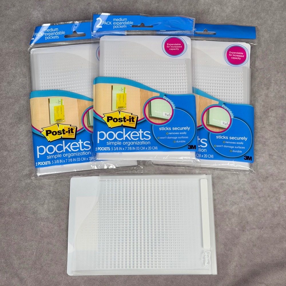 Post-it Pockets Medium Expandable Adhesive Organizer Clear White 7 Pieces NEW